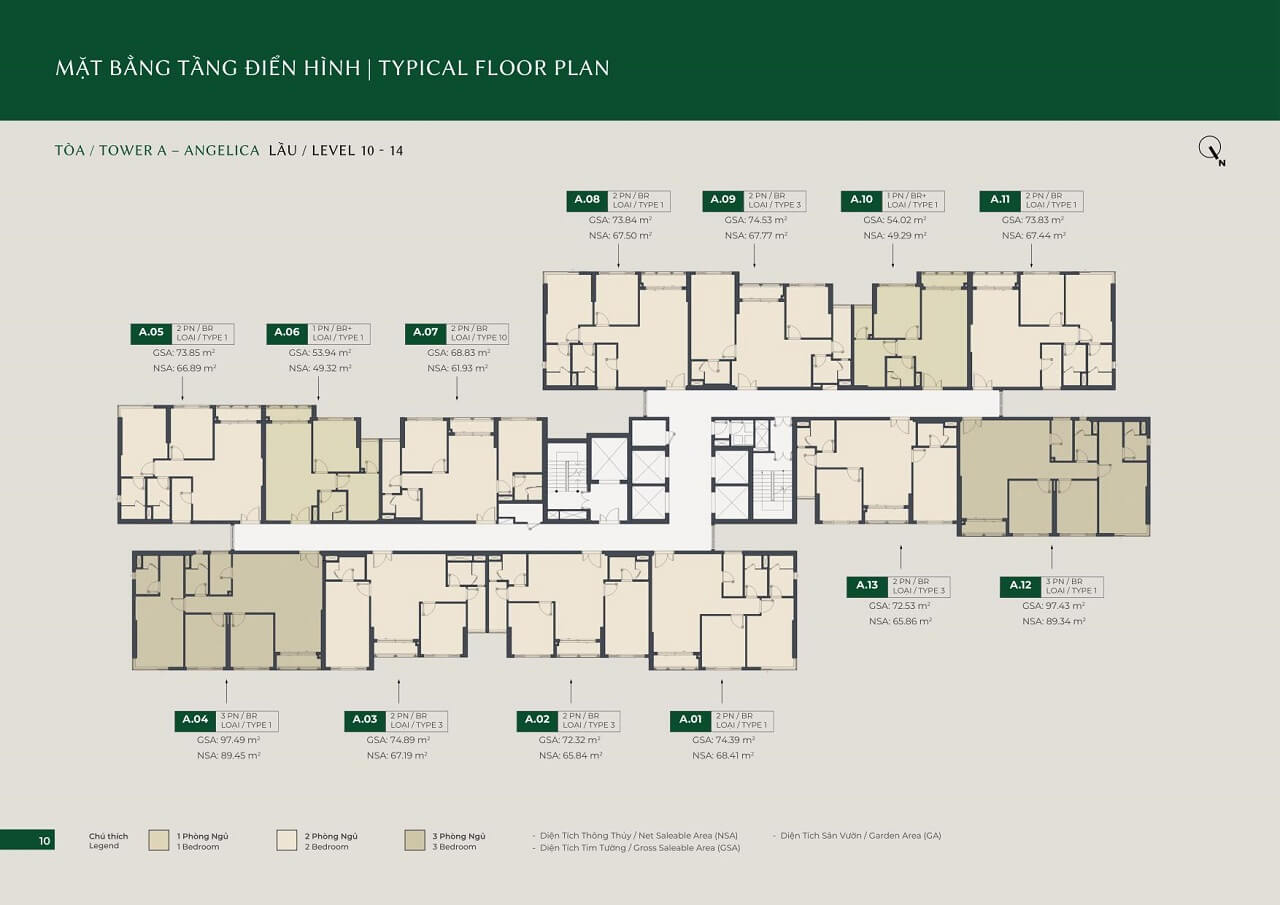 mặt bằng chi tiết tầng 10 đến 14 tòa A LUMIÈRE Boulevard