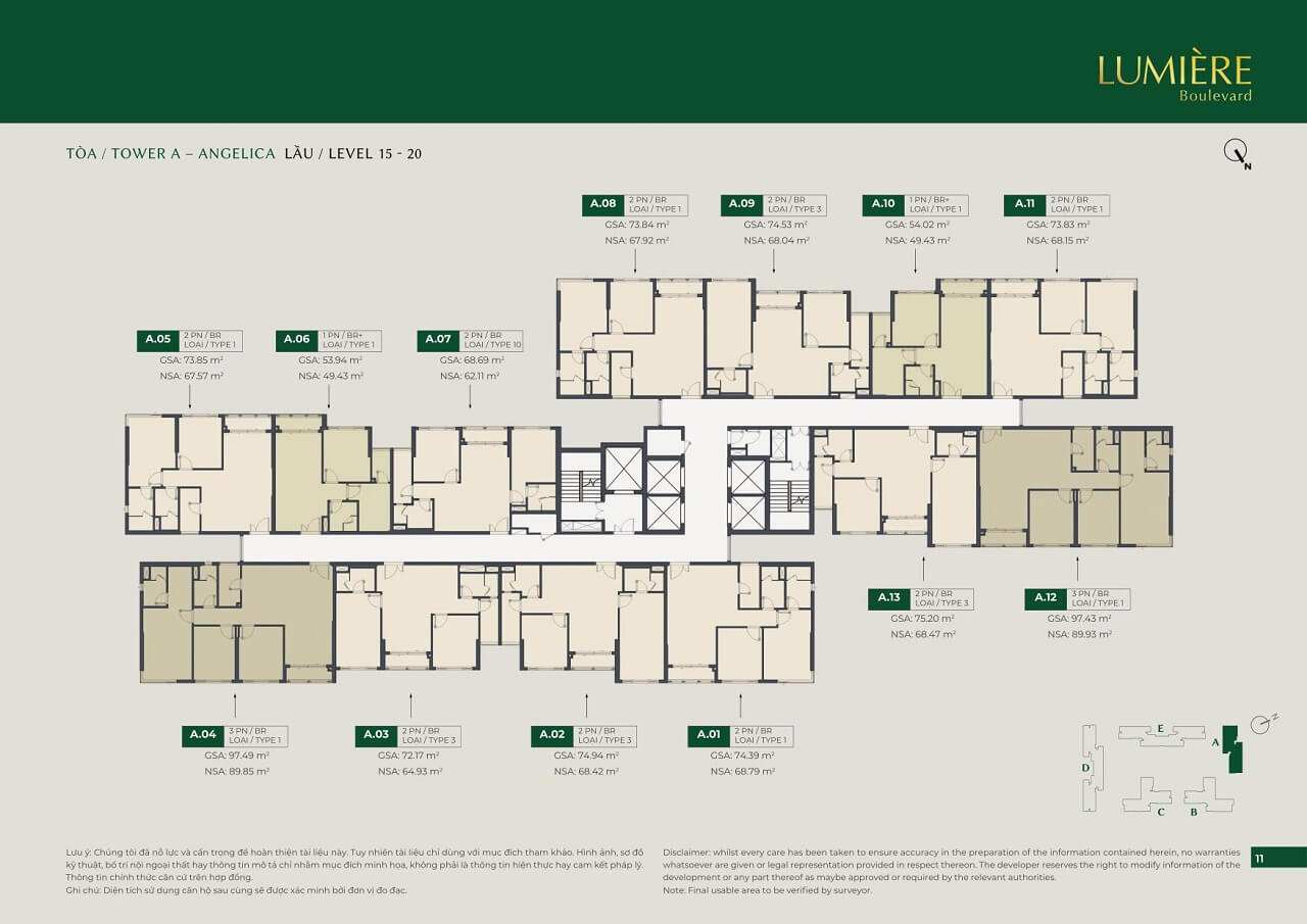 mặt bằng chi tiết tầng 15 đến 20 tòa A LUMIÈRE Boulevard