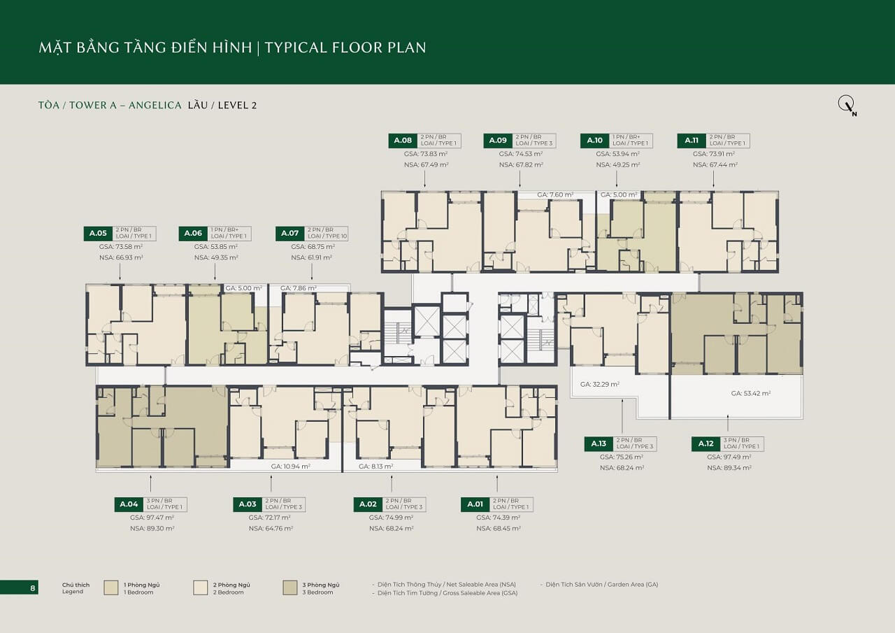 mặt bằng chi tiết tầng 2 tòa A LUMIÈRE Boulevard