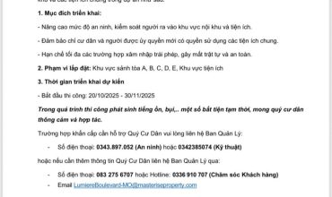 Ban Quản Lý Tòa Nhà Lumierè Boulevard Thông báo lắp đặt hệ thống kiểm soát ra vào